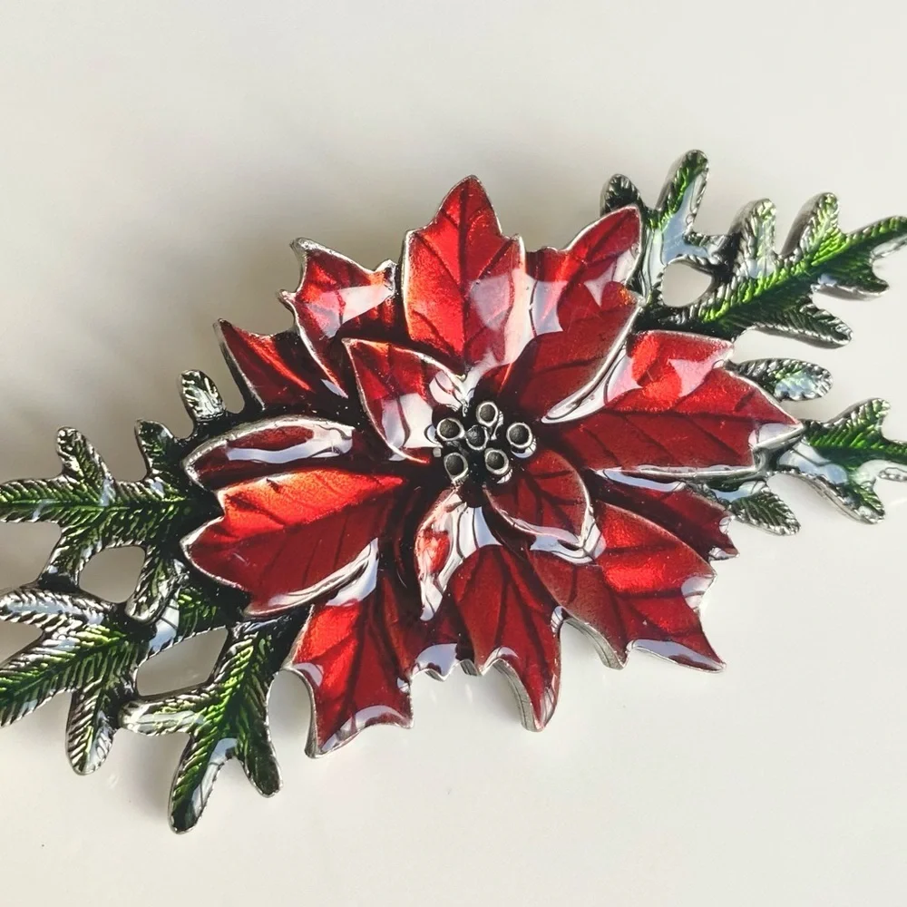 DANFORTH Poinsettia Pewter & Enamel Brooch Red & Green Christmas Signed USA - Picture 4 of 8